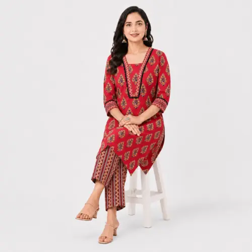 Women’s pure cotton ethnic kurti set with matching pant and dupatta sitting