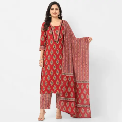 Women’s pure cotton ethnic kurti set with matching pant and dupatta